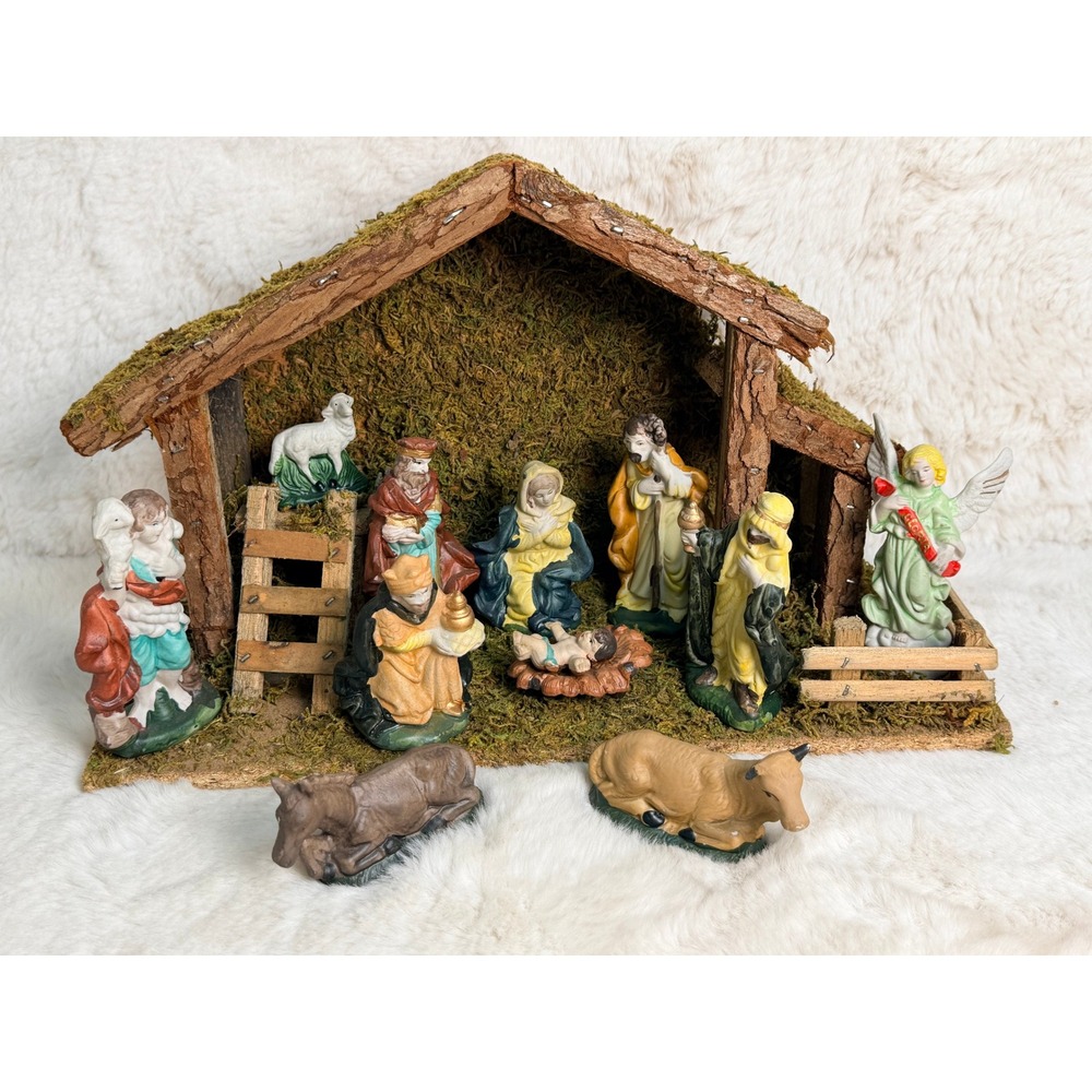 Vintage Nativity Set 12 Piece Ceramic Figures with Mossy Wood Stable Creche